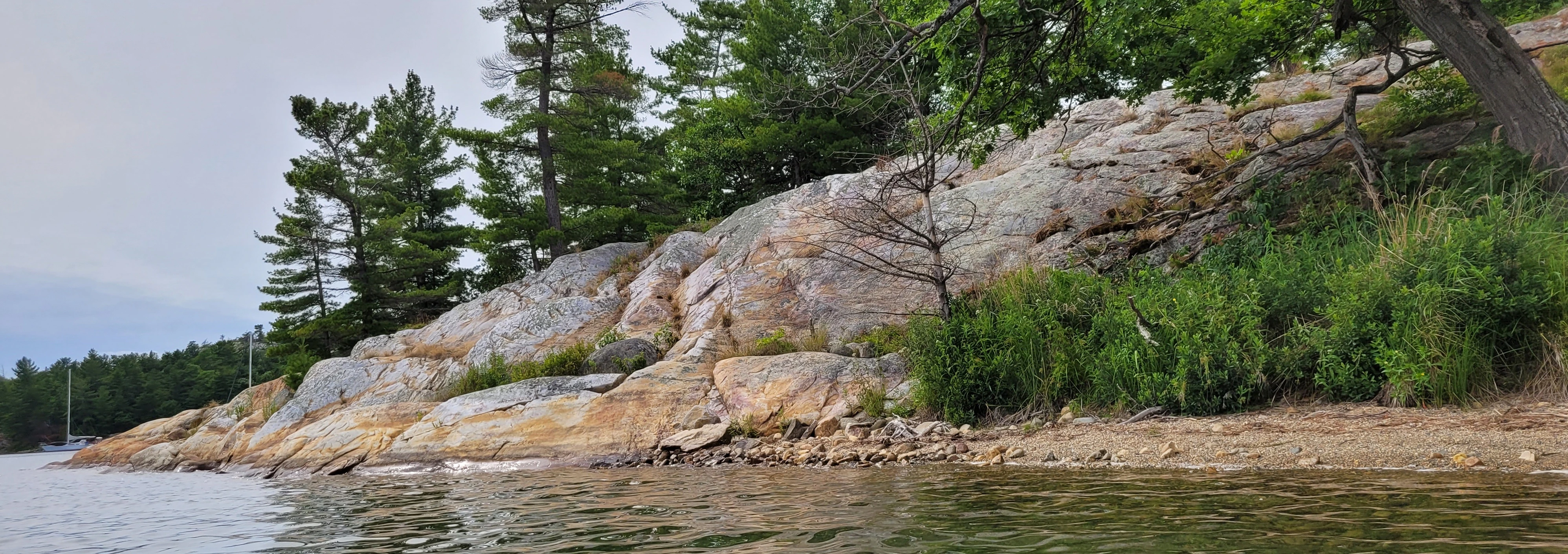 White quartzite cliffs and pine trees at the entrance to Indian Head Cove in Killarney Ontario Canada
